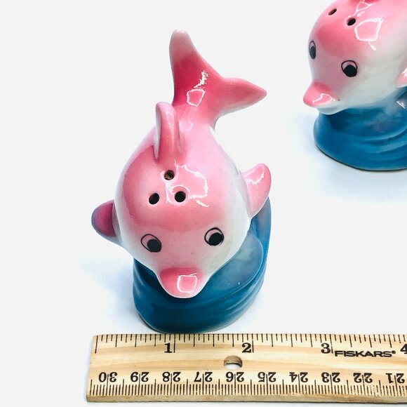 Vintage 60s Pink Dolphin Salt Pepper Shakers: Mid-Century Kitsch Tropical Pastel - Picture 8 of 10